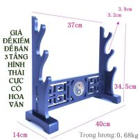 Giá Để Kiếm Để Bàn Màu Đen 3 Tầng Hình Thái Cực Có Hoa Văn Mạ Vàng Loại Cao Cấp