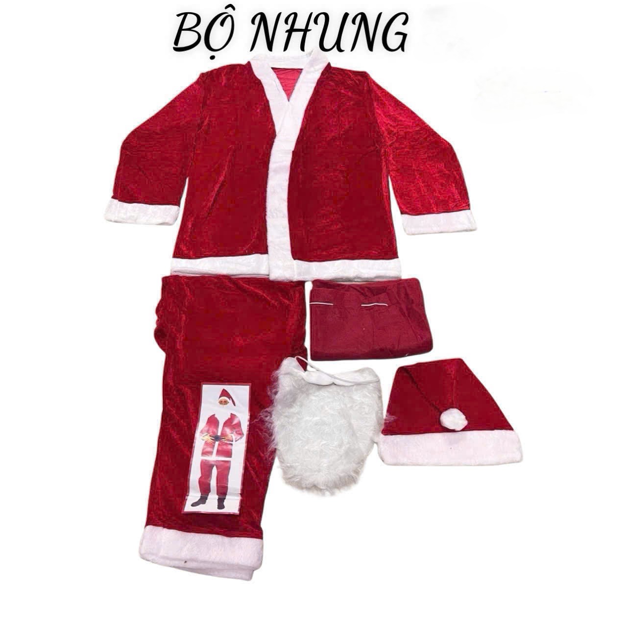 Trang Phục Ông Già Noel Vải Nhung Viền Lông 7Cm - Combo 6 Món - Không Kèm Găng Tay