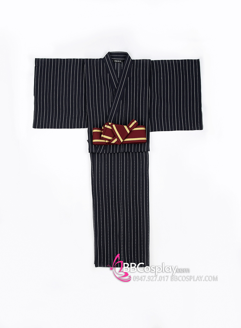 Yukata Nhật Xanh Đen Obi Đỏ Đô Viền Vàng - Hết Hàng Chờ Hàng