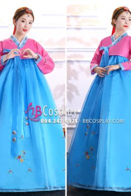 Hanbok Hàn Quốc Voan Áo Hồng Váy Xanh