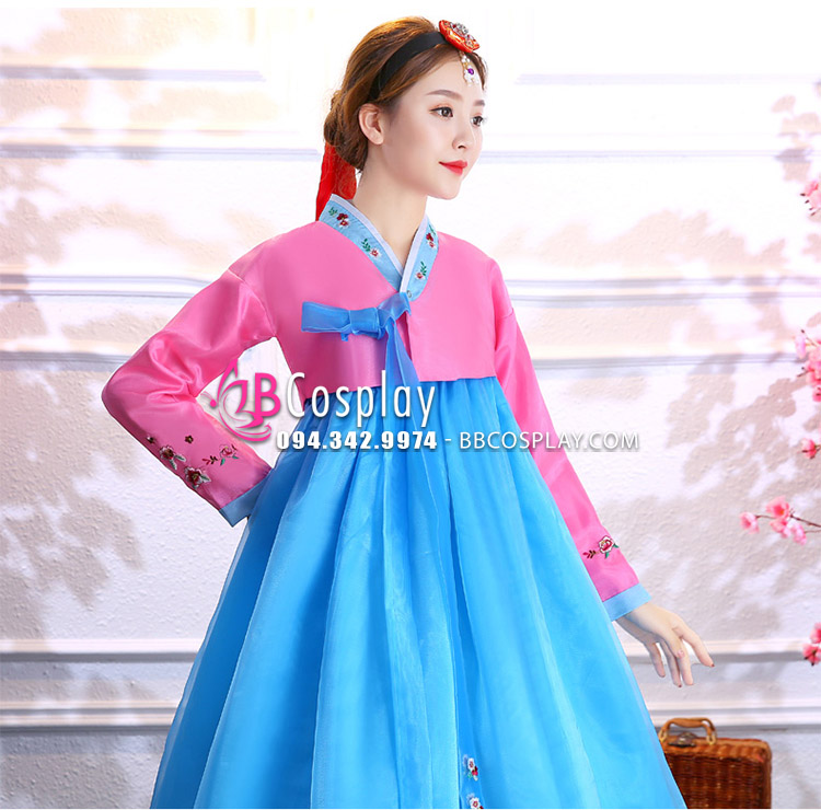 Hanbok Hàn Quốc Voan Áo Hồng Váy Xanh