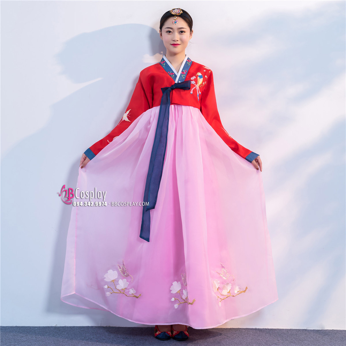 Hanbok Hàn Quốc Áo Đỏ Váy Hồng