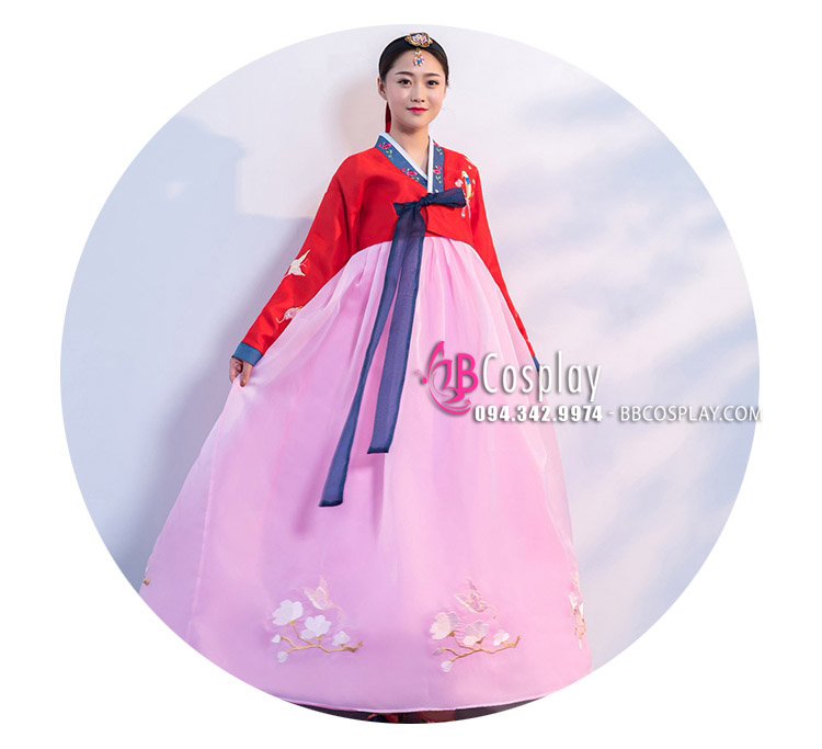 Hanbok Hàn Quốc Áo Đỏ Váy Hồng