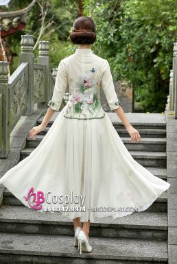 Váy Sườn Xám Cách Tân Hoa Sen- Vàng Kem