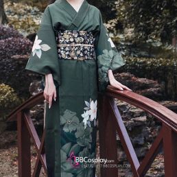 Áo Yukata Kimono Xanh Rêu Hoa Trắng Tặng Kèm Thắt Lưng