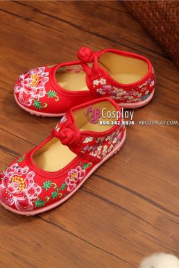 Hài Vải Trẻ Em Đỏ Thêu Hoa Size 31