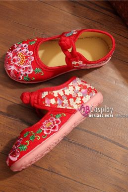 Hài Vải Trẻ Em Đỏ Thêu Hoa Size 31