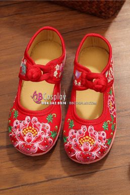 Hài Vải Trẻ Em Đỏ Thêu Hoa Size 31