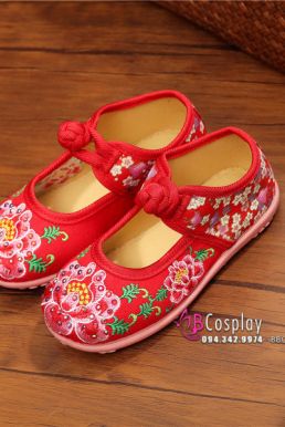 Hài Vải Trẻ Em Đỏ Thêu Hoa Size 31