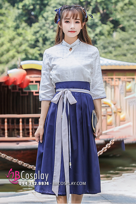 Hán Phục Cách Tân Áo Trắng Váy Xanh Mùa Thu Đông