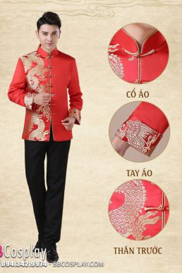 Áo Khỏa Nam Sườn Xám Nam Đỏ Phối Gấm Rồng