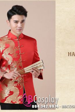 Áo Khỏa Nam Sườn Xám Nam Đỏ Phối Gấm Rồng