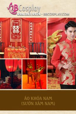 Áo Khỏa Nam Sườn Xám Nam Đỏ Phối Gấm Rồng