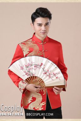 Áo Khỏa Nam Sườn Xám Nam Đỏ Phối Gấm Rồng