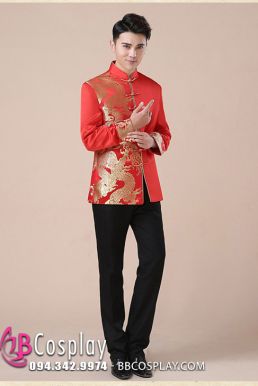 Áo Khỏa Nam Sườn Xám Nam Đỏ Phối Gấm Rồng