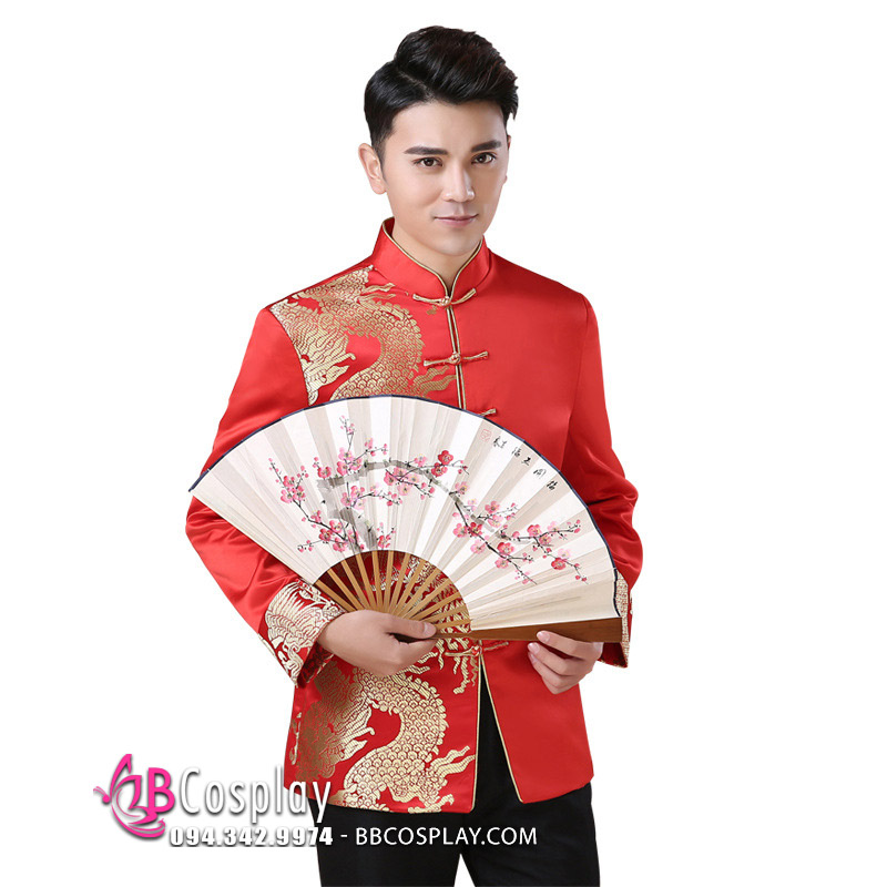 Áo Khỏa Nam Sườn Xám Nam Đỏ Phối Gấm Rồng