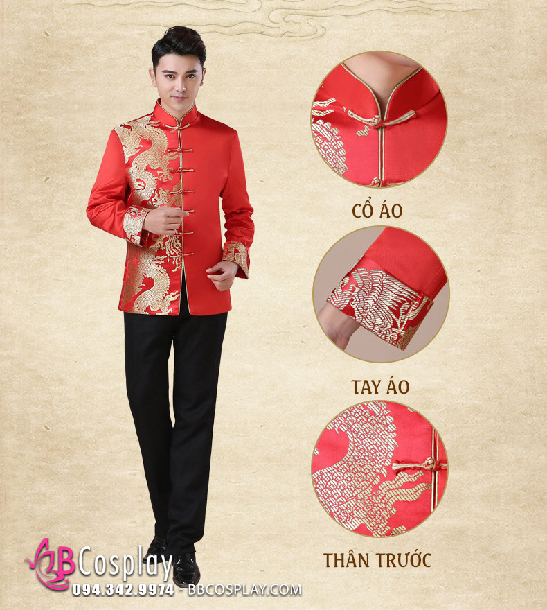 Áo Khỏa Nam Sườn Xám Nam Đỏ Phối Gấm Rồng
