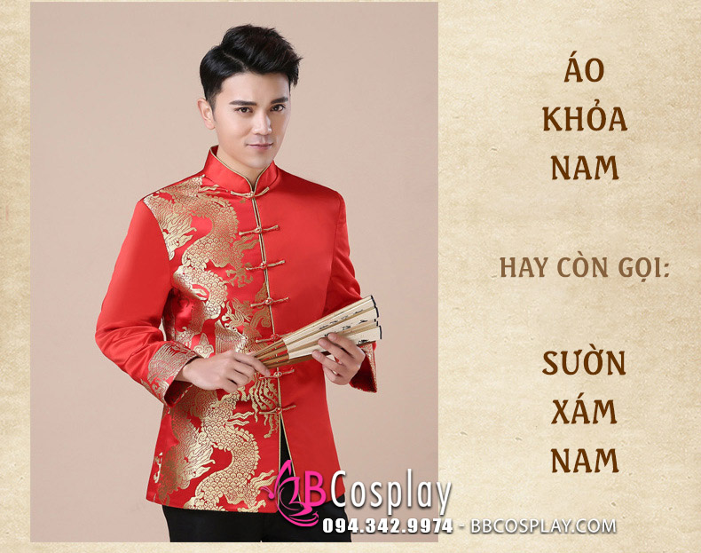 Áo Khỏa Nam Sườn Xám Nam Đỏ Phối Gấm Rồng