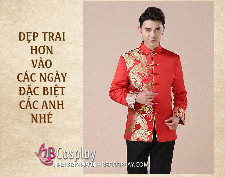 Áo Khỏa Nam Sườn Xám Nam Đỏ Phối Gấm Rồng