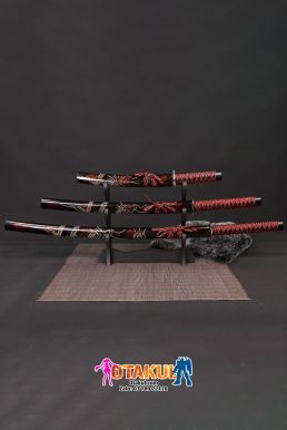 Bộ 3 Kiếm Nhật Samurai Đen Vân Đỏ Chạm Khắc Rồng Tinh Xảo