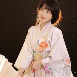 Áo Kimono Yukata Xanh Sữa Tặng Kèm Thắt Lưng