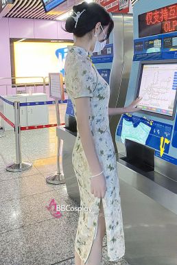 Sườn Xám Thiên Lục Dáng Dài Xẻ Tà