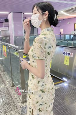 Sườn Xám Thiên Lục Dáng Dài Xẻ Tà