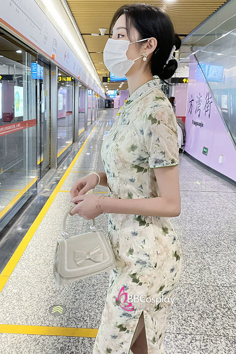 Sườn Xám Thiên Lục Dáng Dài Xẻ Tà