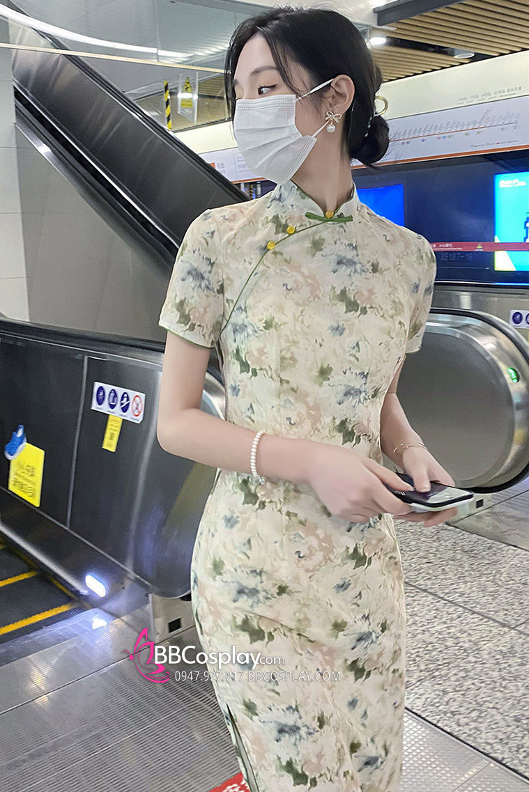 Sườn Xám Thiên Lục Dáng Dài Xẻ Tà