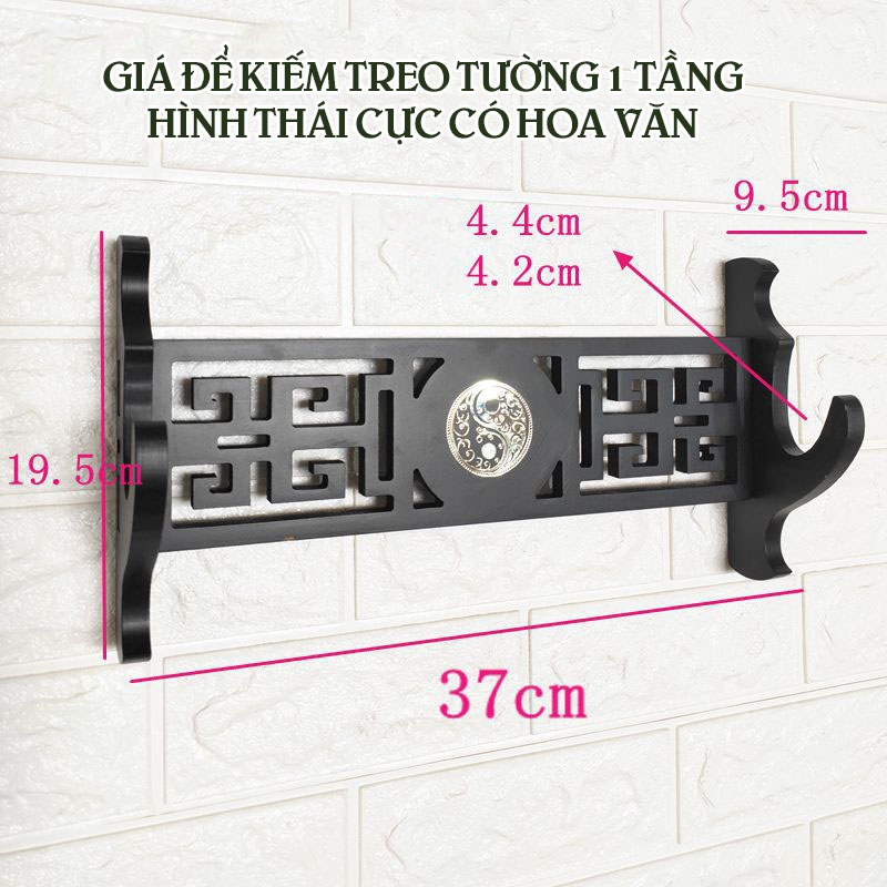 Giá Để Kiếm Treo Tường Màu Đen 1 Tầng Hình Thái Cực Có Hoa Văn Mạ Vàng Loại Cao Cấp