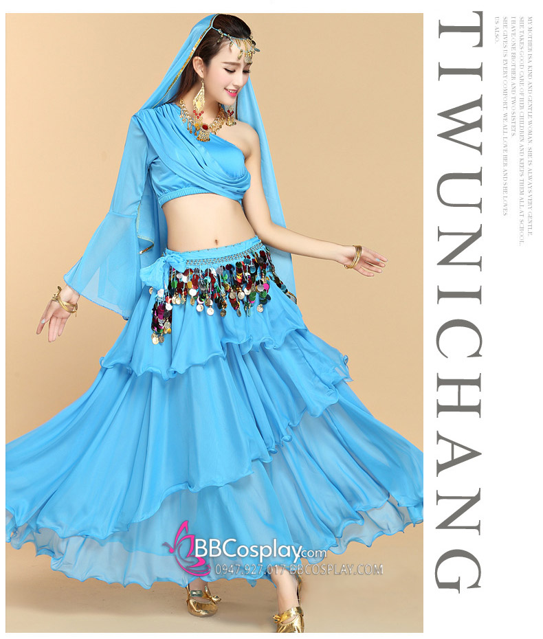 Trang Phục Múa Bụng Belly Dance Vai Chéo Màu Xanh Dương Nhạt