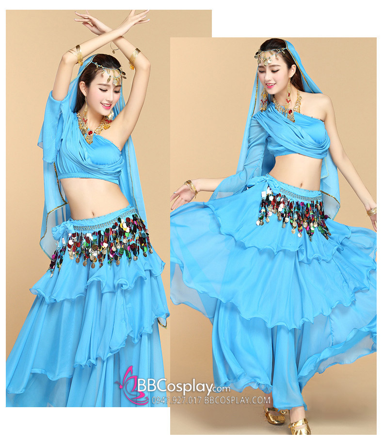 Trang Phục Múa Bụng Belly Dance Vai Chéo Màu Xanh Dương Nhạt