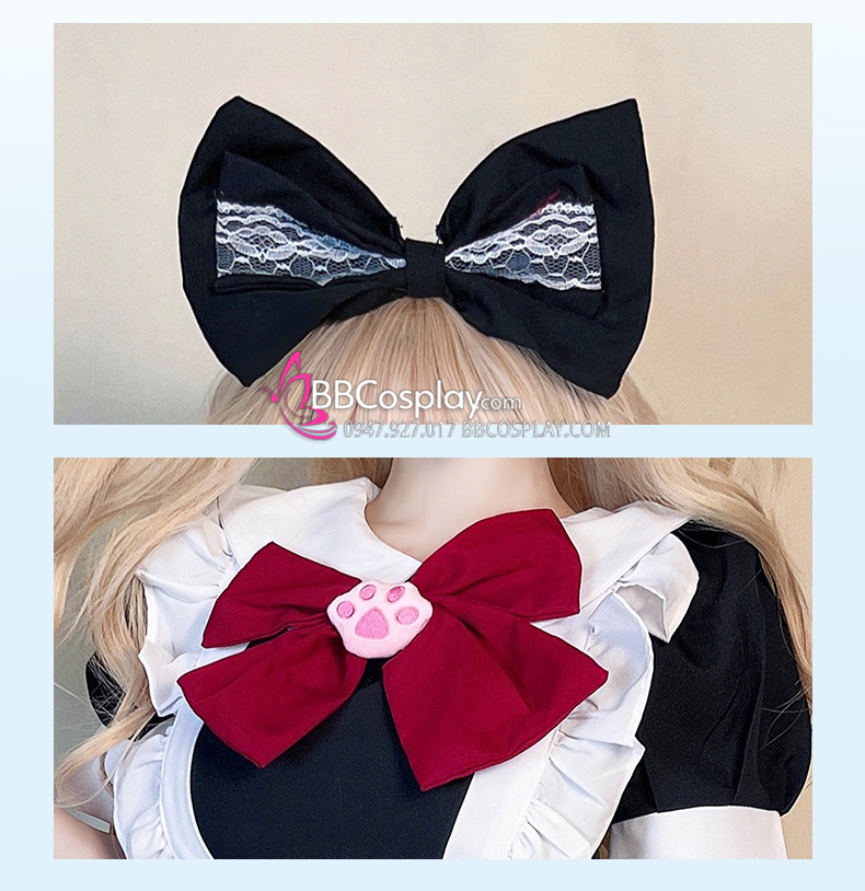 Đồ Nàng Hầu Maid Đen Đỏ Tạp Dề Trắng