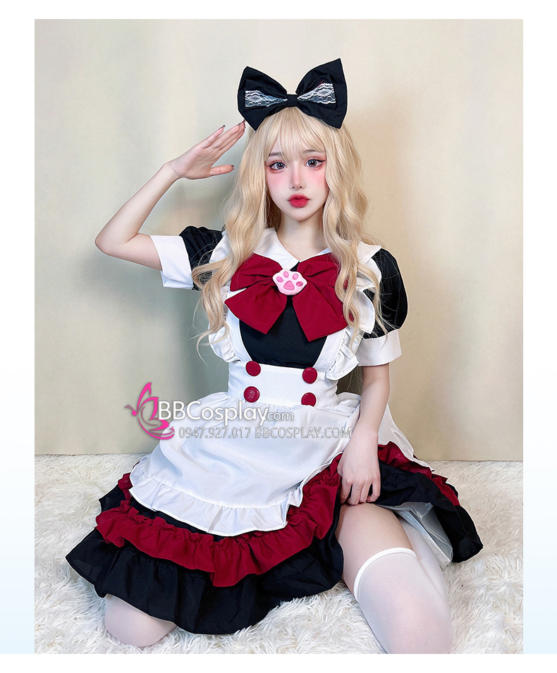 Đồ Nàng Hầu Maid Đen Đỏ Tạp Dề Trắng