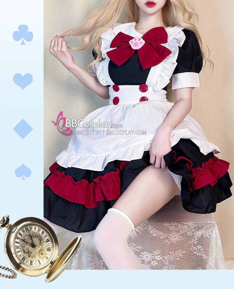 Đồ Nàng Hầu Maid Đen Đỏ Tạp Dề Trắng