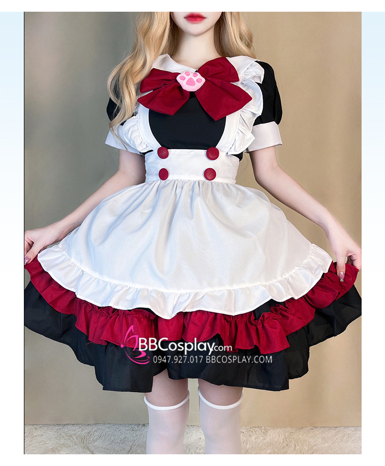 Đồ Nàng Hầu Maid Đen Đỏ Tạp Dề Trắng