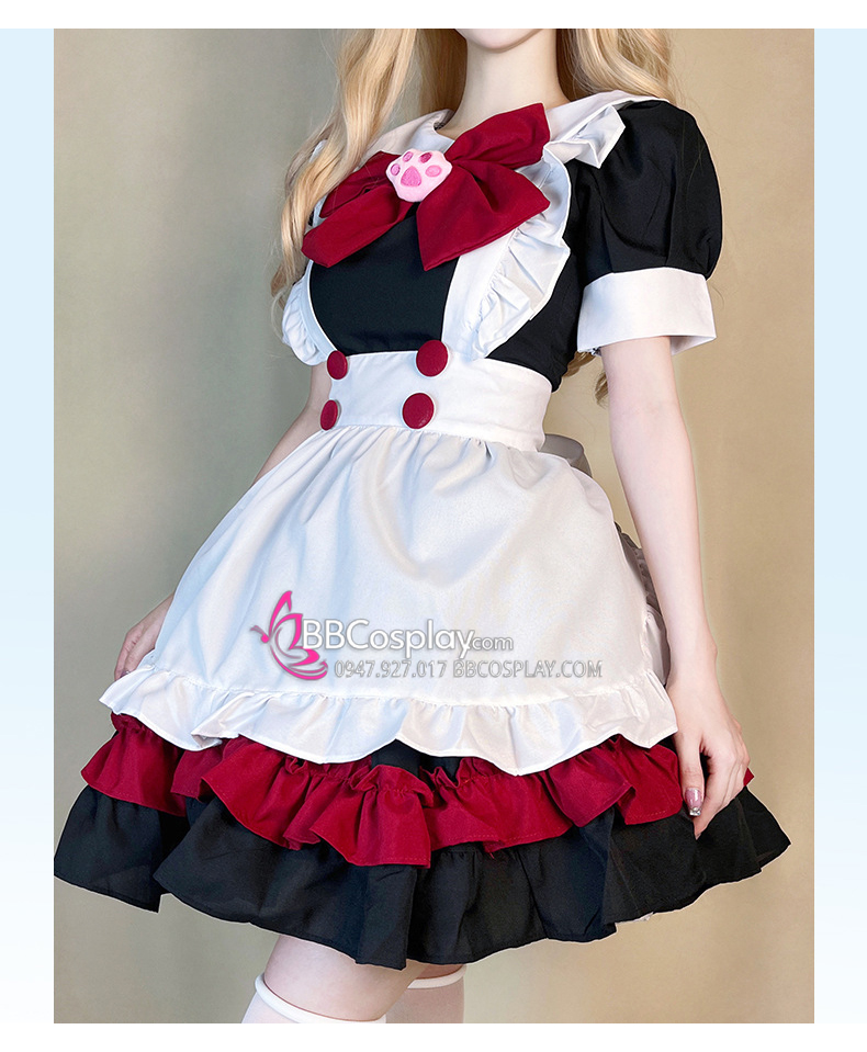 Đồ Nàng Hầu Maid Đen Đỏ Tạp Dề Trắng