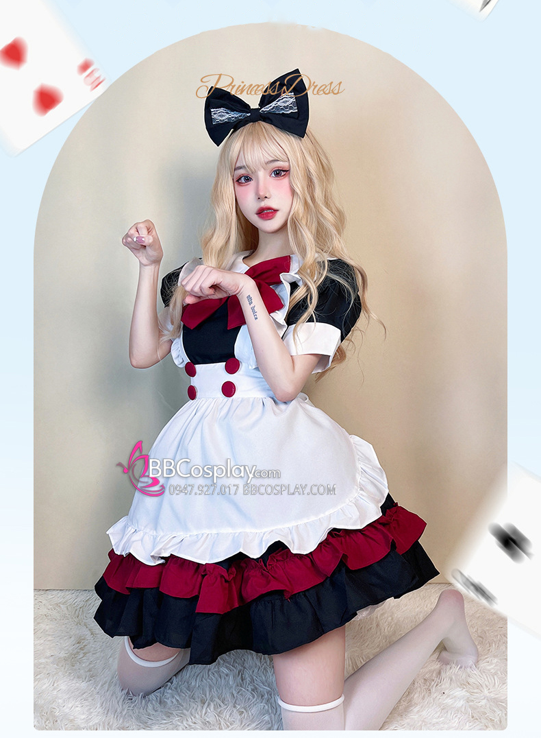 Đồ Nàng Hầu Maid Đen Đỏ Tạp Dề Trắng