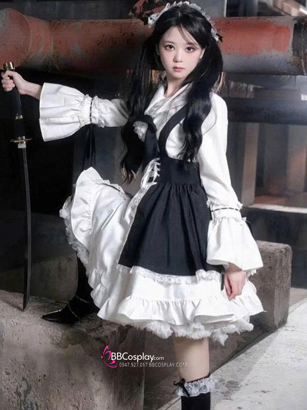 Đồ Nàng Hầu Maid Đen Trắng Tay Dài Phong Cách Lolita