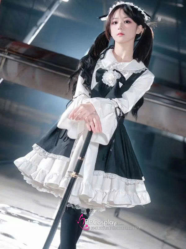 Đồ Nàng Hầu Maid Đen Trắng Tay Dài Phong Cách Lolita