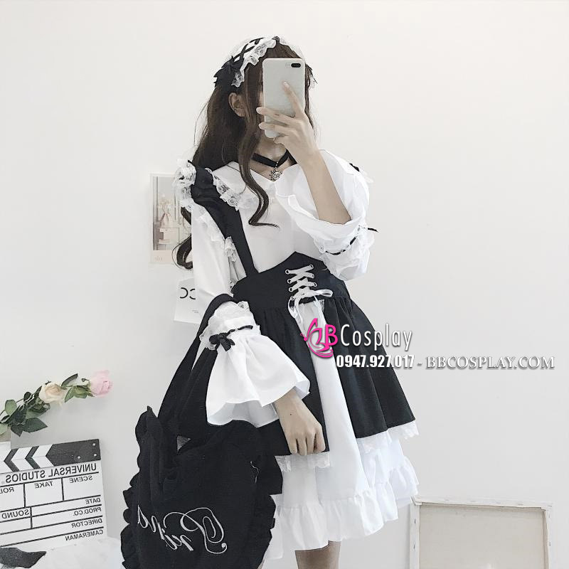 Đồ Nàng Hầu Maid Đen Trắng Tay Dài Phong Cách Lolita