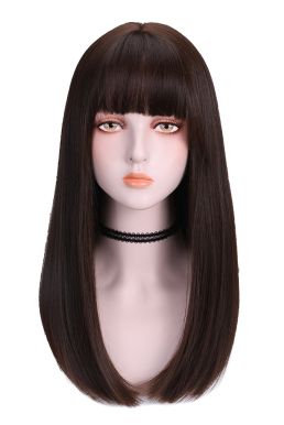 Tóc Giả Nâu Đen Mái Thưa Cúp Nhẹ 65Cm