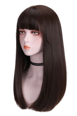 Tóc Giả Nâu Đen Mái Thưa Cúp Nhẹ 65Cm