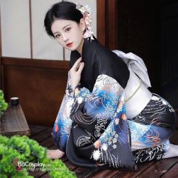 Áo Kimono Yukata Mùa Hè Nền Đen Tặng Kèm Thắt Lưng