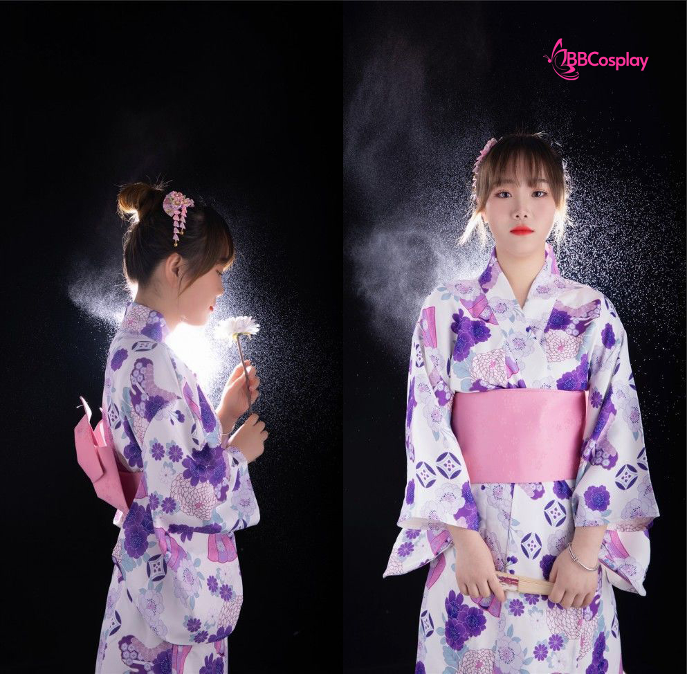 Áo Yukata Nhật Nền Trắng Hoa Tím Môn