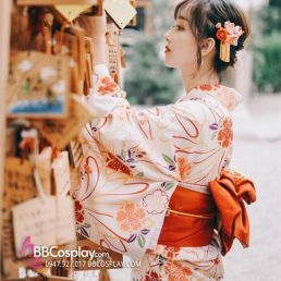 Áo Yukata Kimono Nhật Nền Trắng Hoa Cam Tặng Kèm Thắt Lưng