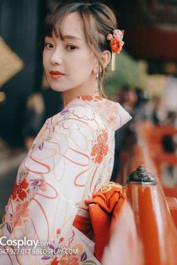 Áo Yukata Kimono Nhật Nền Trắng Hoa Cam Tặng Kèm Thắt Lưng