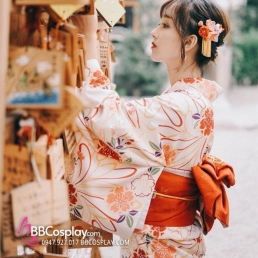 Áo Kimono Nhật Nền Trắng Hoa Cam Tặng Kèm Thắt Lưng