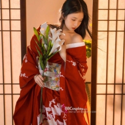 Áo Yukata Đỏ Họa Tiết Bướm Hoa Kèm Thắt Lưng