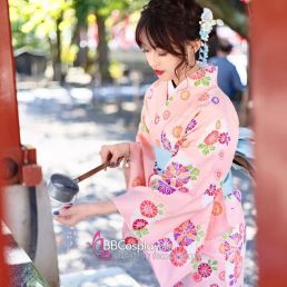 Áo Kimono Yukata Hồng Phấn Tặng Kèm Thắt Lưng